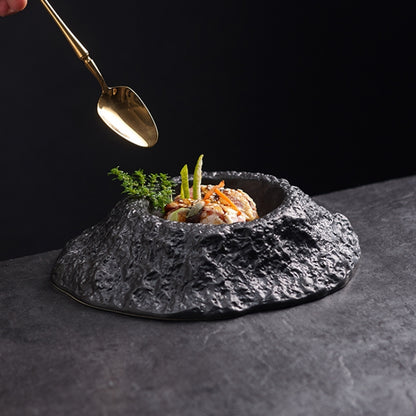 Volcano-shaped Black Deep Plate Creative Irregular Ceramic Tableware in Restaurant French Special-shaped Soup Plate Swing Plate.