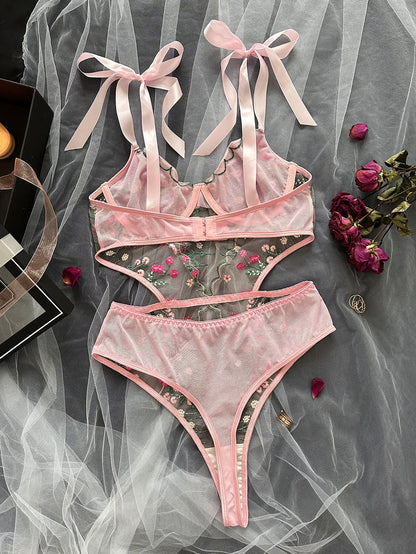 Sexy Pink Floral Embroidery Lingerie Bodysuit Hollow Out Strap Bow Tie Underwear Playsuit Backless Patchwork Mesh Erotic Romper.