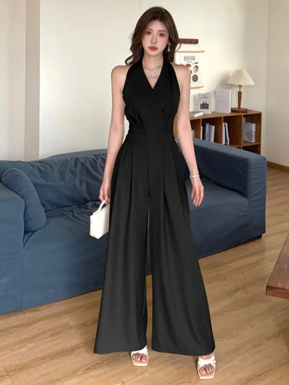 Women Clothes Elegant Sexy Halter Backless Folds Slim Wide Leg Loose Rompers Summer Solid Casual One Piece Long Jumpsuits.