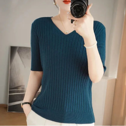 Frauen Pullover Frühling Sommer Kurzarm V-ausschnitt Strick Hemd Casual Koreanische Pullover Streifen Bodenbildung Shirt Slim Fit Jumper
