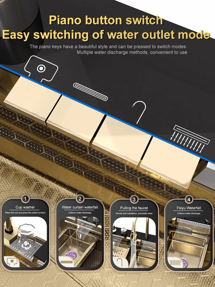 Golden Stainless Steel Waterfall Kitchen Sink Gold Embossed Extra Large Single Slot Digital Display Dishwashing Basin 100x50cm