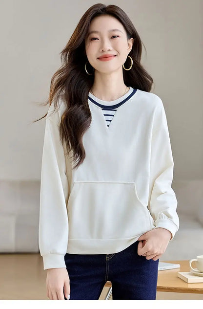 Apricot Round Neck Contrast Long Sleeve Womens Sweatshirt Stylish Casual Minimalist Top