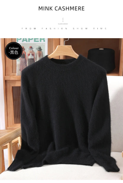 Women's Round-neck Mink Cashmere Sweater Soft Pullover Jumper Comfortable Knitted Top for Autumn Winter Pure Mink Material