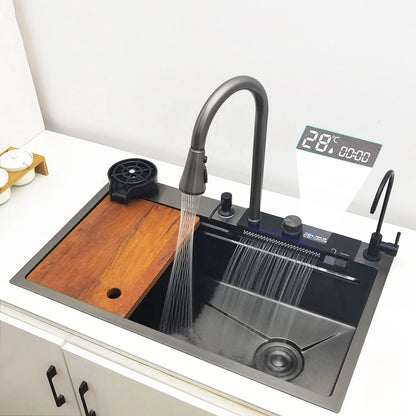 LED-Wasserfall-Küchenspüle, Spüle aus Edelstahl 304, großes Einzelbecken mit Multifunktions-Wasserfall-Wasserhahn über der Theke