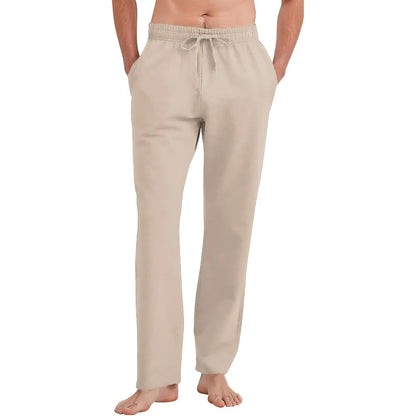 Men's Cotton Linen Straight Leg Pants Lightweight Breathable Casual Solid Color Simple Style Long Pants Elastic Waist Trousers.