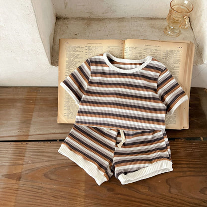 Korean Version Summer Kids Baby Girls Boys Short Sleeve Striped Top Tees +shorts Pants Infant Cute Pure Cotton Clothing Set.
