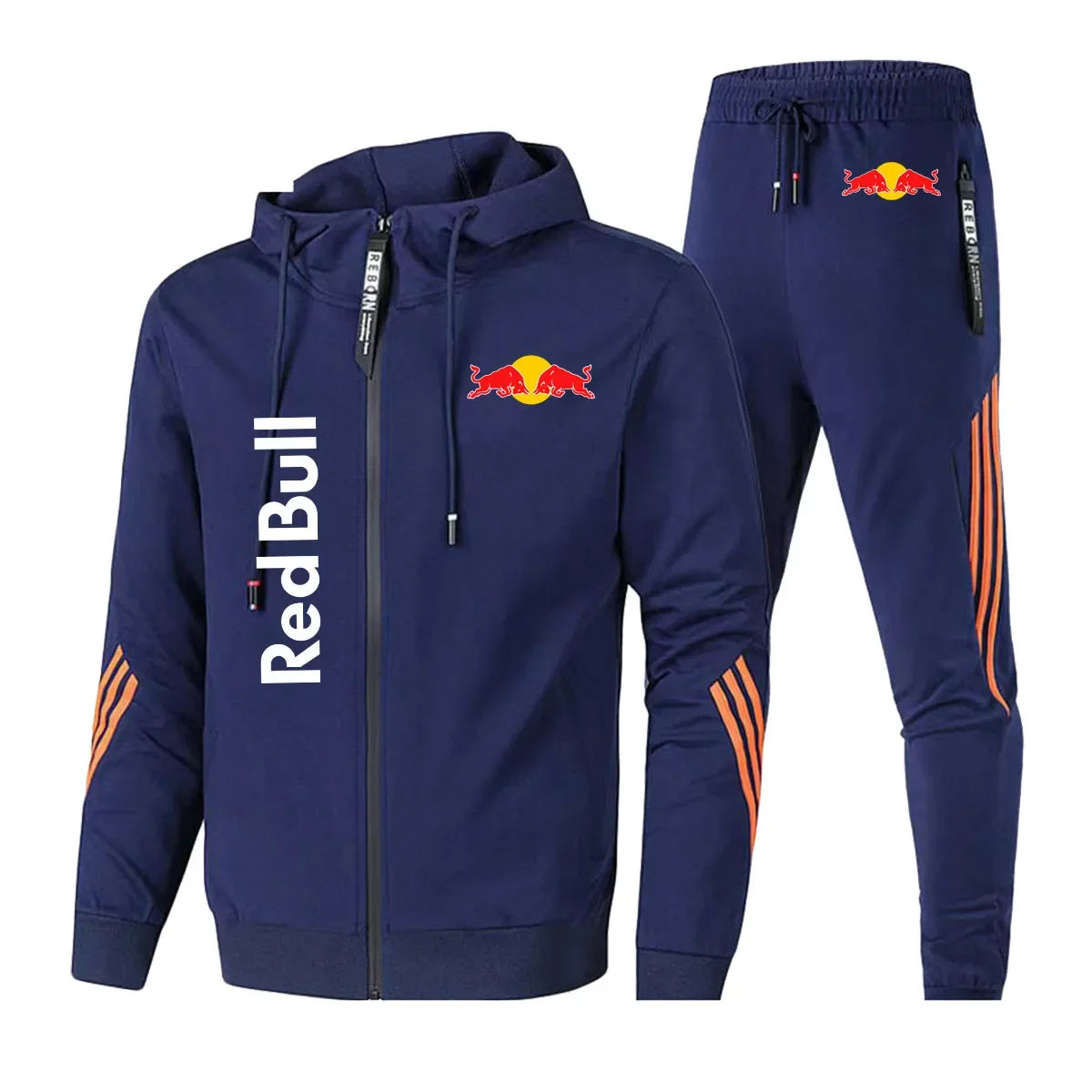 2025 Red Bull Brand Logo Printed Men's Zipper Hoodie With Casual Trousers Cycling Sports Two-piece Solid Color Simple Men's Suit.