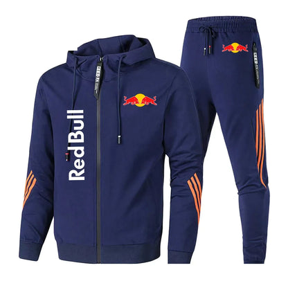 2025 Red Bull Brand Logo Printed Men's Zipper Hoodie With Casual Trousers Cycling Sports Two-piece Solid Color Simple Men's Suit.
