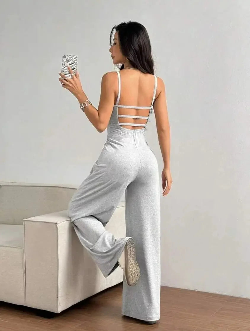 Fashionable Solid Color High Waist Bell Bottom Jumpsuit Backless Strap Casual Women's Long Pants One Piece Suit Female