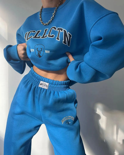 Warm Suit Autumn Winter Women Solid Set Elegant O-neck Pullover Hoodie And Pocket Trousers Two-Piece Set Lady Casual Loose Sets