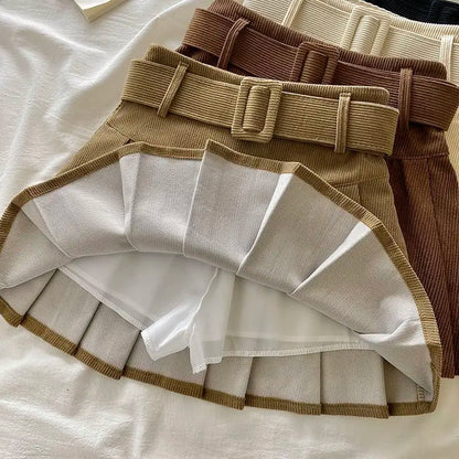 Pleated Mini Skirts Women Japan Students Corduroy Preppy Style Autumn Winter Basic Solid Bottoms Chic Vintage JK Slim All-match.