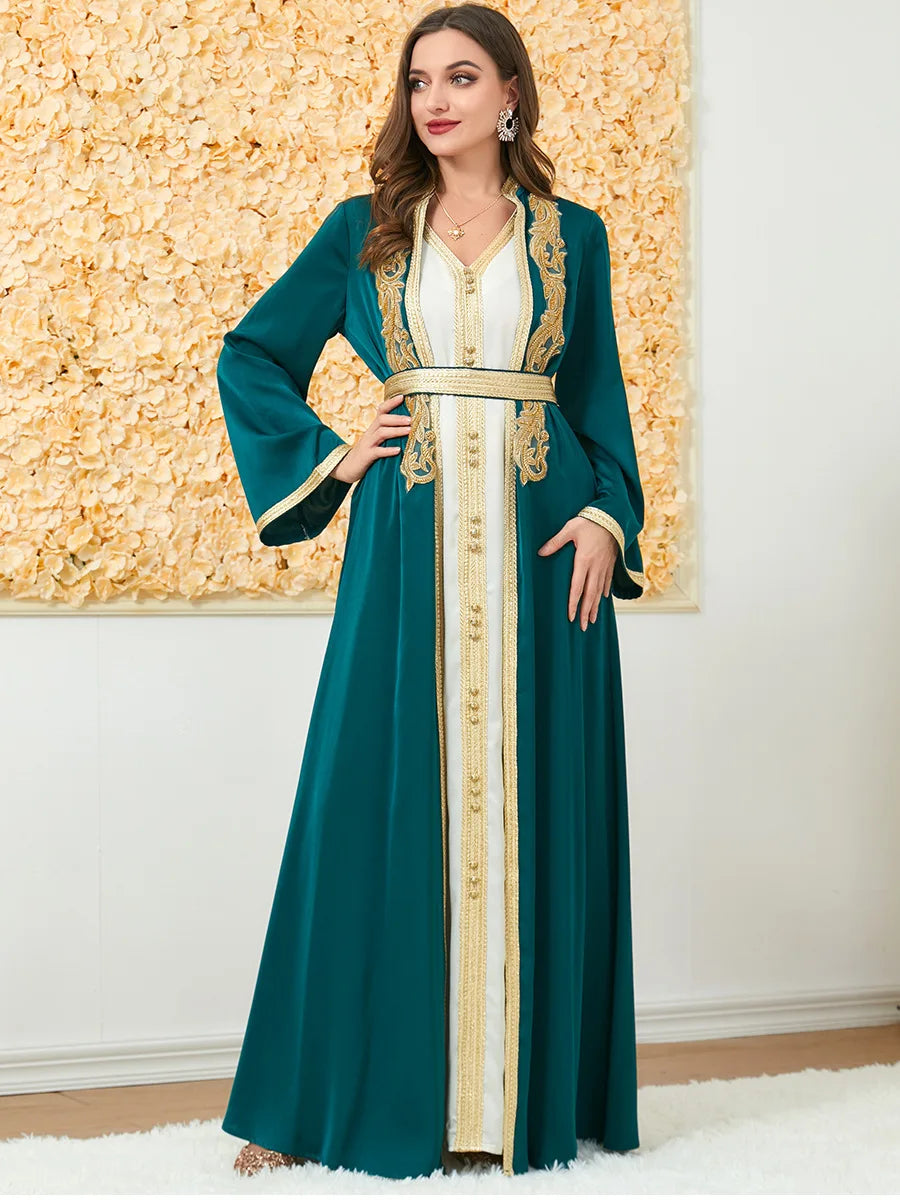 Maßgeschneiderte muslimische Sets, elegante muslimische Frauen, Sommer, langärmelig, V-Ausschnitt, Polyester, lila, 2-teiliges Kleid, Mantel, passende Sets, Muslim