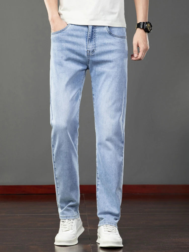 Spring Summer Thin Slim Fit Jeans Mens Elastic Straight Casual Business Denim Pants Washed Classic Brand Clothing Men Trousers