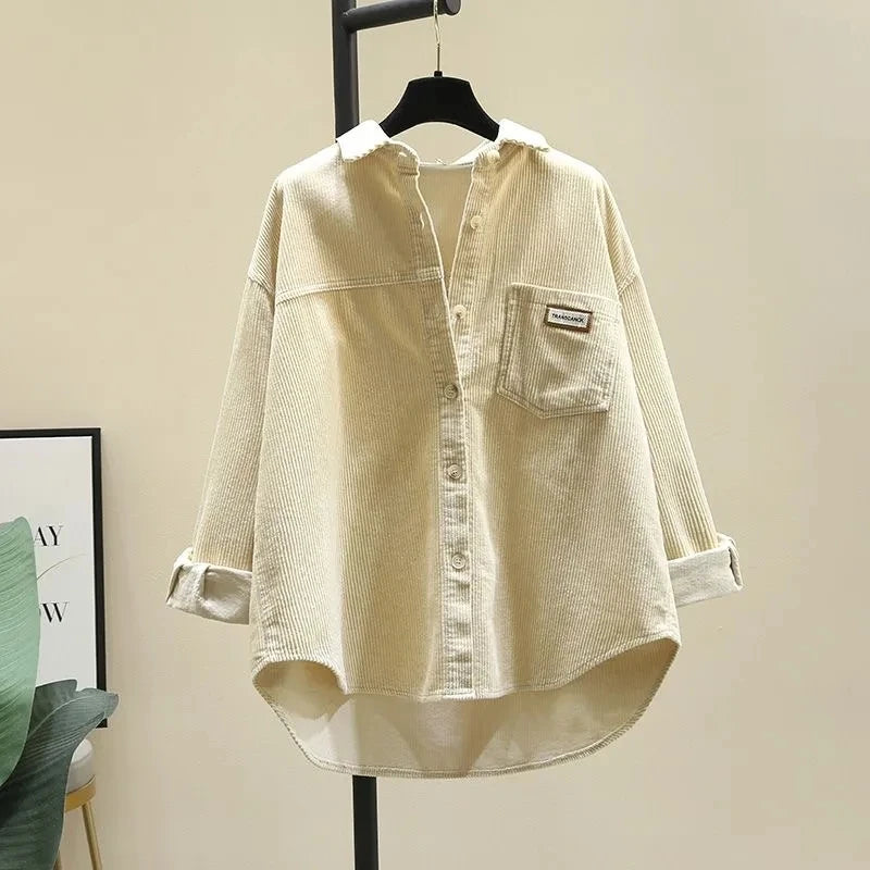 2023 frühling Herbst Cord Langarm-shirt für Frauen Koreanische Ausgabe Casual Mode Medium länge Shirts Weibliche Outwear Tops