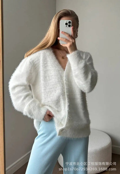 Women New Knitted Thick Cashmere Wool Cardigan Chic V Neck Single Breasted Fashion Long Sleeve Sweater Fall Winter Coat Outwear.