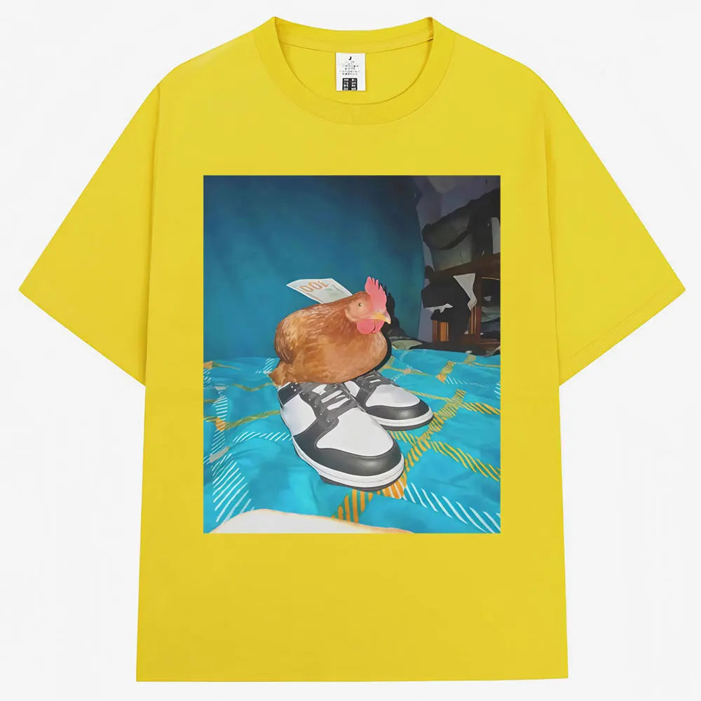 Funny Dripped Out Chicken Meme Print T-shirts Humor Chicken with Shoes Men Women T Shirt Creativity Popular Loose Cotton T-shirt.