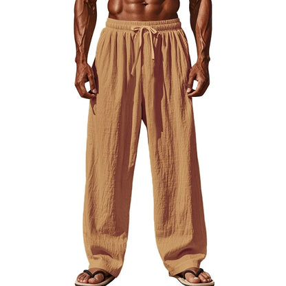 Men's Linen Casual Pants Elastic Waist Beach Pants Lightweight Drawstring Summer Yoga Pants Solid Color Beach Pants