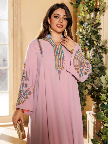 2025 Dubai New Inspired Pink Muslim Abaya Colorful Embroidery on Neckline & Sleeves Perfect for Middle Eastern Cultural Events.