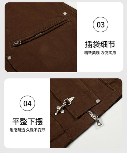 Men Washed Cotton Metal Buckle Streetwear Vintage Loose Casual Short Bomber Cargo Jacket Couple Spring Autumn Coat Outerwear.