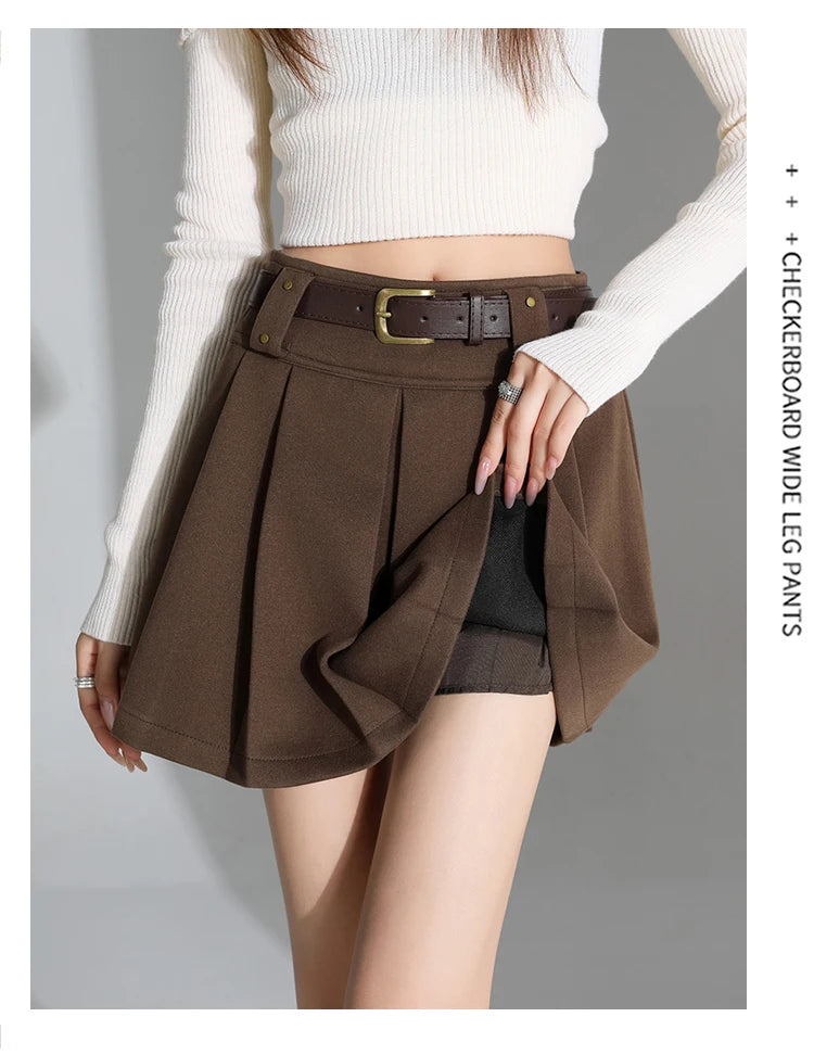 Preppy Style Coffee Woolen Skirt for Women Autumn Winter 2025 Chic High-waisted Mini Skirt Female Korean Thick Outwear Faldas.