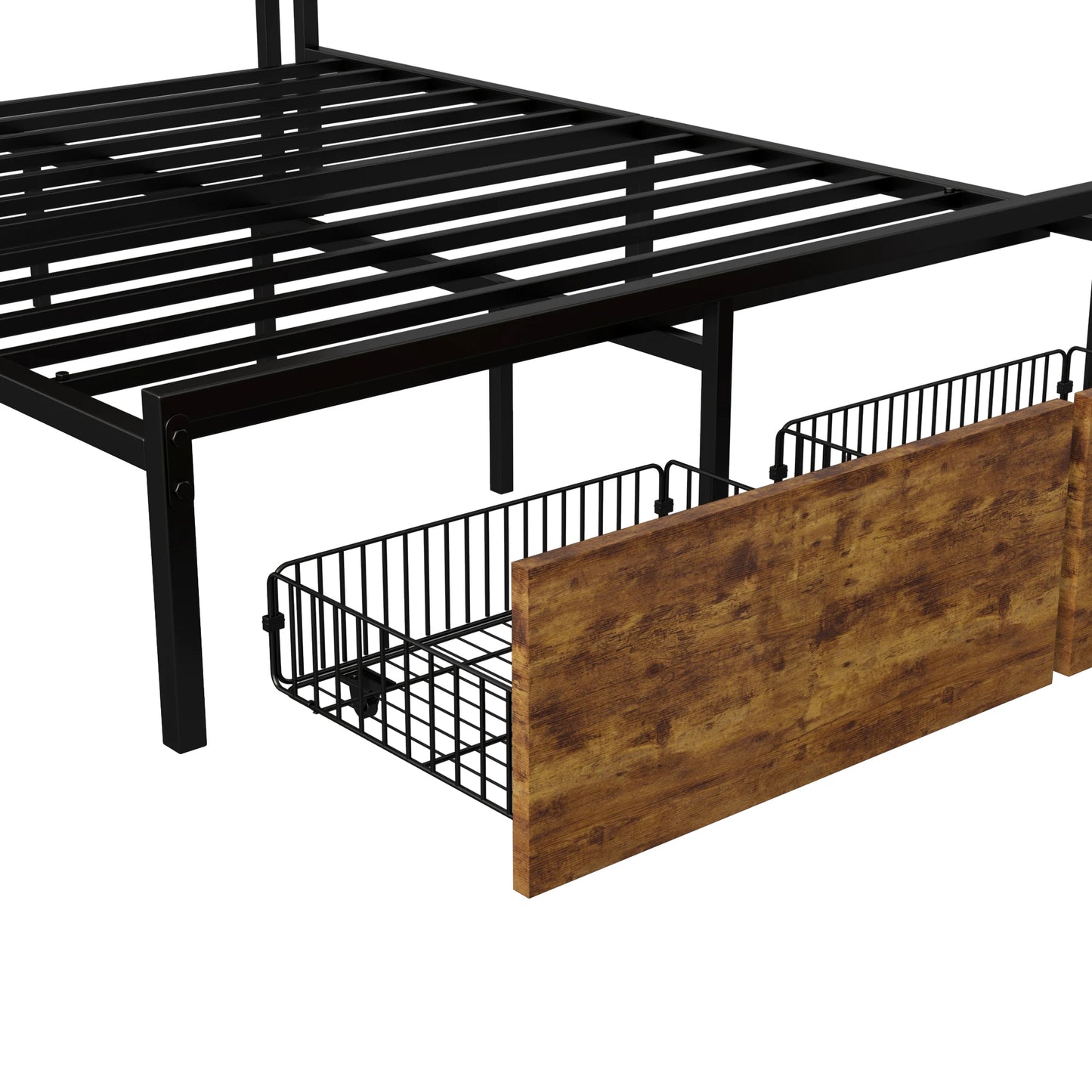 Lazyspace Bettgestell mit Schubladen 140 x 200 cm, gepolstertes Bett mit Lattenrost, Doppelbett mit LED-Kopfteil, Lattenrost aus Metall