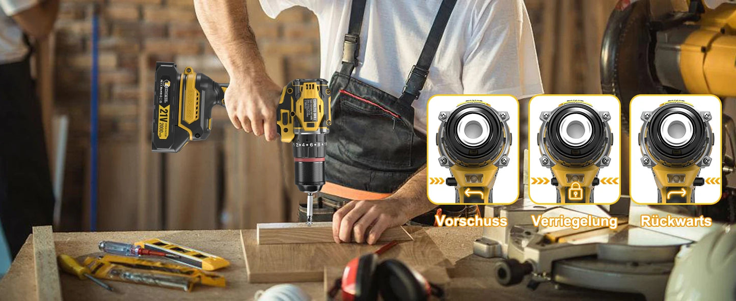 CONENTOOL 28+3 Drehmoment Elektrischer Bohrschrauber Bürstenloser kabelloser Akku-Bohrschrauber 2 Batterien Multifunktionales 27-teiliges Set