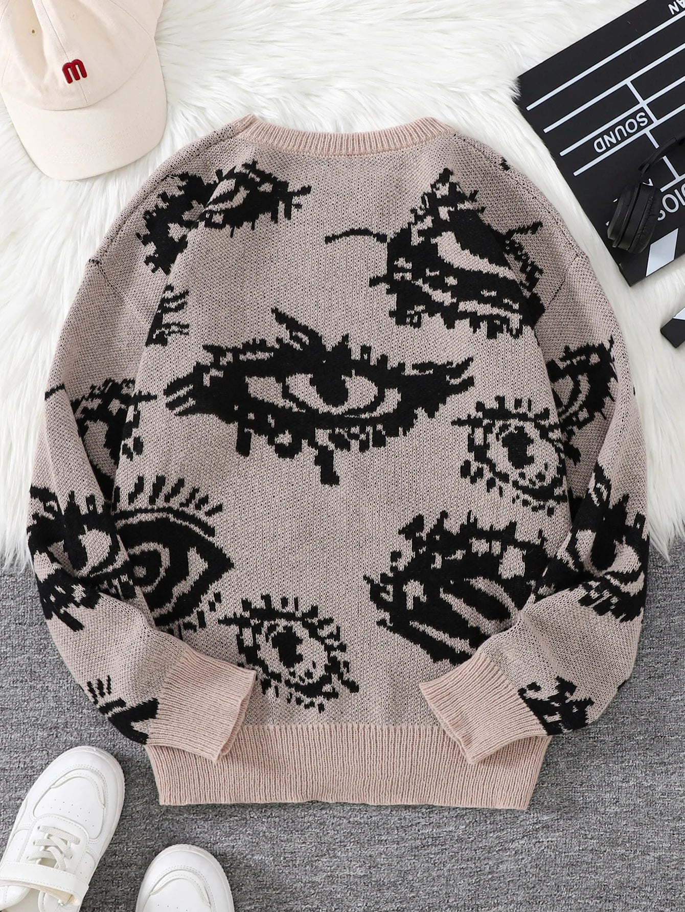 New Popular Autumn and Winter Abstract Eye Jacquard Pattern Pullover Sweater Casual Round Neck Knitted Men's Pullover.