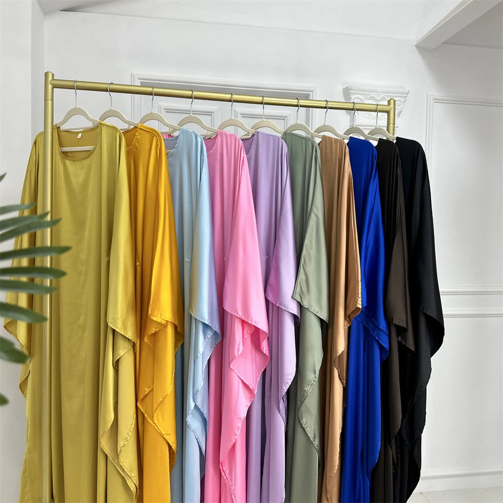 Eid glänzende Fledermaus Satin Abaya Dubai Luxus muslimische Abayas für Frauen Maxi Kaftan Kleid islamische Kleidung Kaftan Marocain Femme