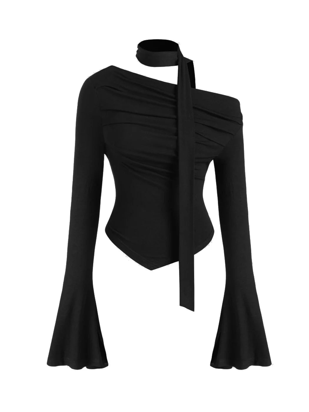 Tonval Long Sleeve Asymmetrical Hem Black Vintage Tops Sexys Off Shoulder Goth Clothes Women Y2K Solid T Shirt.