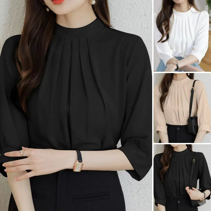 ZANZEA Fashion Stand Collar Blouse Woman 3/4 Sleeve Solid Color Tunic Tops Female Casual Loose Shirt Elegant Party Blusas Mujer.