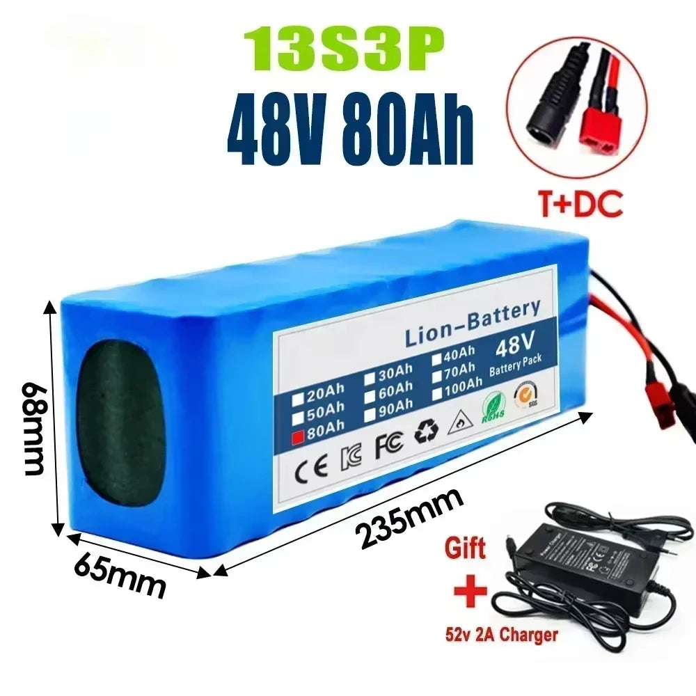 Gaiaray 2025 New 48V 100Ah 2000W 13S3P DC/T Lithium Ion Battery Pack Suitable for 48V motors with BMS+54.6V Charger.