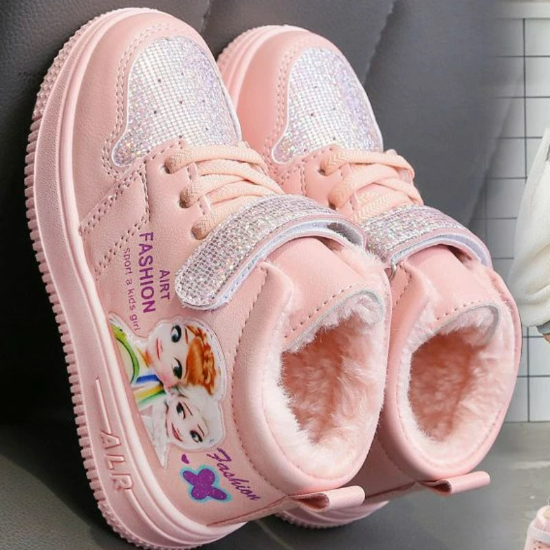 Disney Children Winter Ankle Snow Boots Cartoon Princess Elsa Frozen Pink Casual Shoes For Girls Warm Outdoor Shoes Size 26-37.