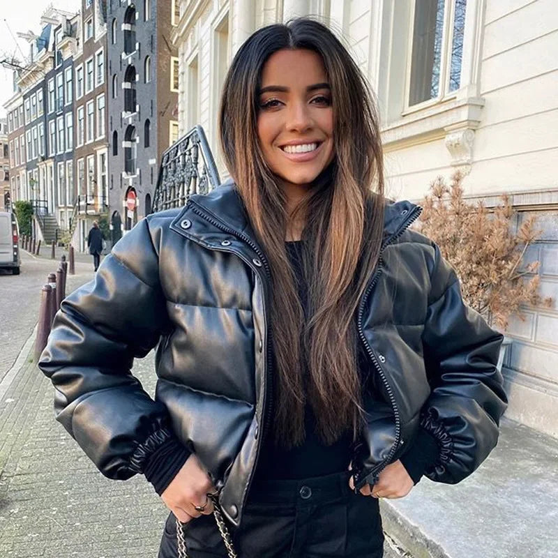 Winter frauen Jacke Dicke Warme Kurze Parka Schwarz Pu Leder Mäntel Frau Parkas Elegante Zipper Baumwolle Jacken Mantel Weibliche neue.