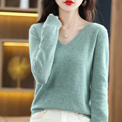 Herbst Winter Frauen Pullover 2025, Koreanische Mode Strickwaren Warme Lange Hülse V-ausschnitt Stricken Pullover Slim Fit Bodenbildung Shirt Jumper