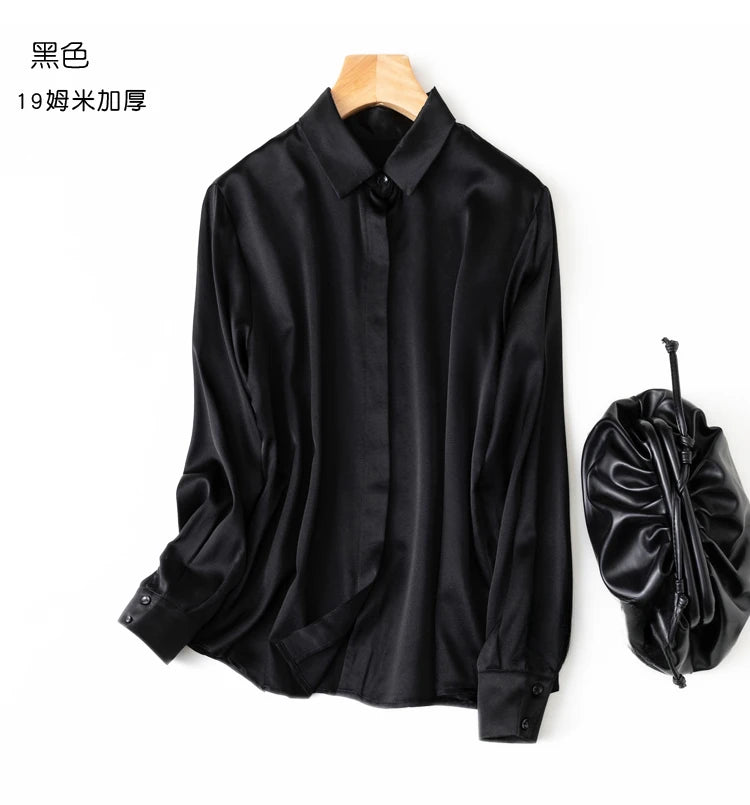Tajiyane Damen-Langarmshirt aus 93 % Maulbeerseide, 7 % Elasthan, 19 Momme, Satin-Seidenknöpfe, Oberteil, Bluse, Büroarbeit, Chemise Femme