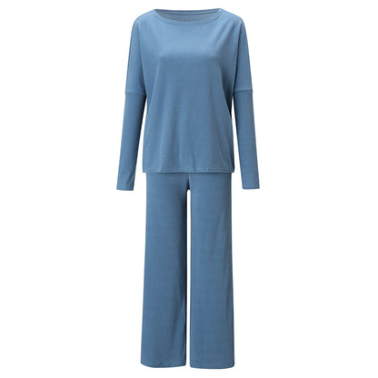 New Women's 2pcs Clothes Set Solid Color Round Neck Long Sleeve Casual Top & Loose Wide Leg Pants Home Wear.