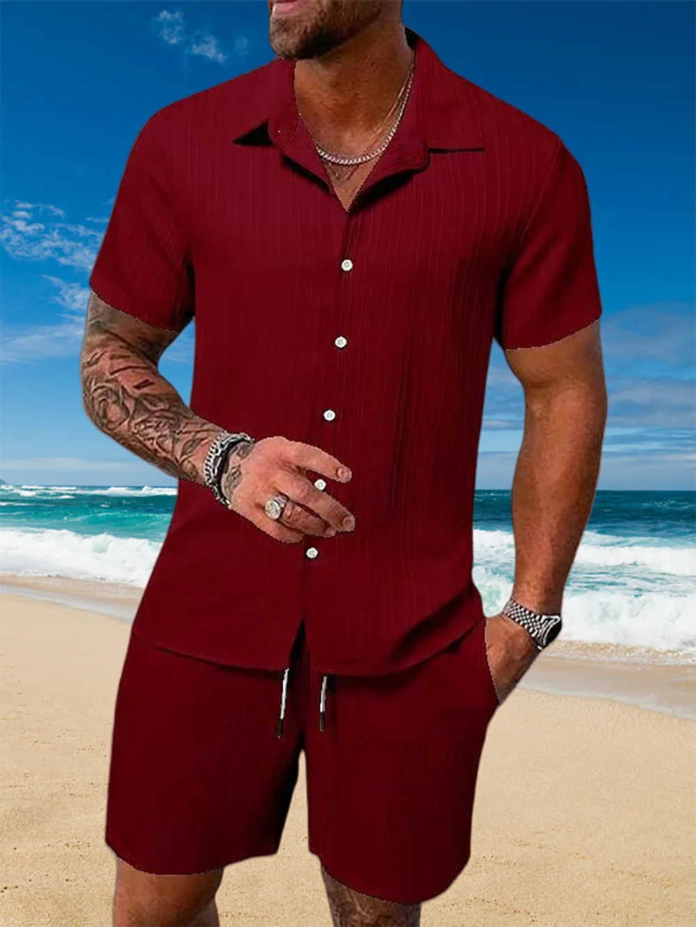 Ice Silk Cool Summer Men's Solid Color Polo Casual Loose Short Sleeve Shorts Sport Set Beach Surfing Ultra-thin Ultra Light