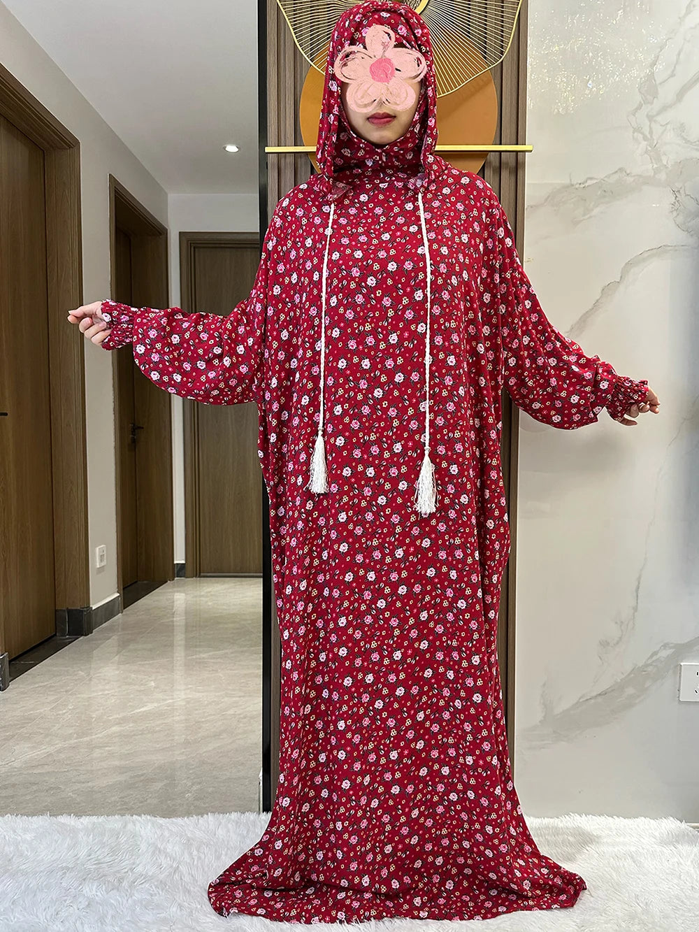 New Ramadan Muslim Two Hats Abaya Dubai Turkey Islam Prayer Clothes Floral Cotton Long Dress Islam Women Dress Kaftan