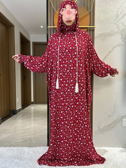 New Ramadan Muslim Two Hats Abaya Dubai Turkey Islam Prayer Clothes Floral Cotton Long Dress Islam Women Dress Kaftan