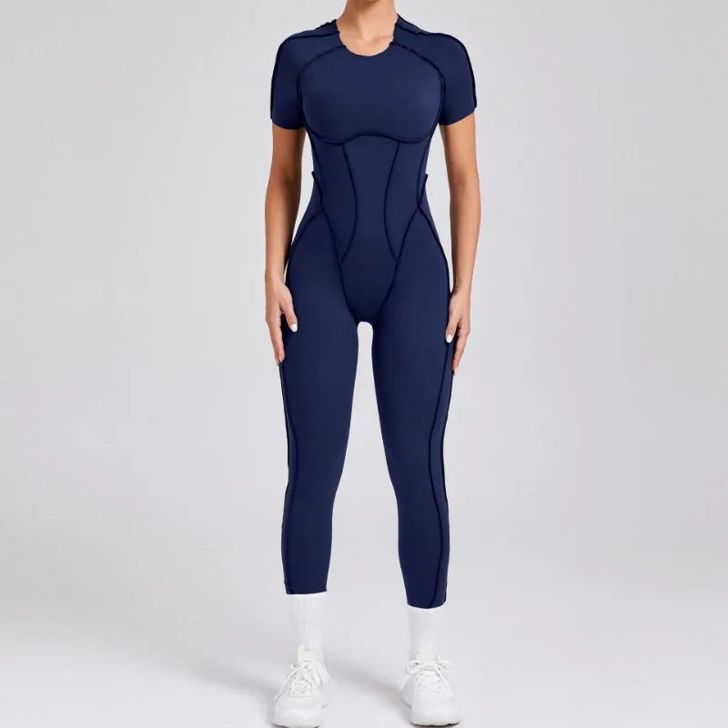 Seamless Yoga Jumpsuits Sports Fitness Hip-lifting Backless Short-sleeved One-piece Workout Gym Leggings Tracksuits for Women.