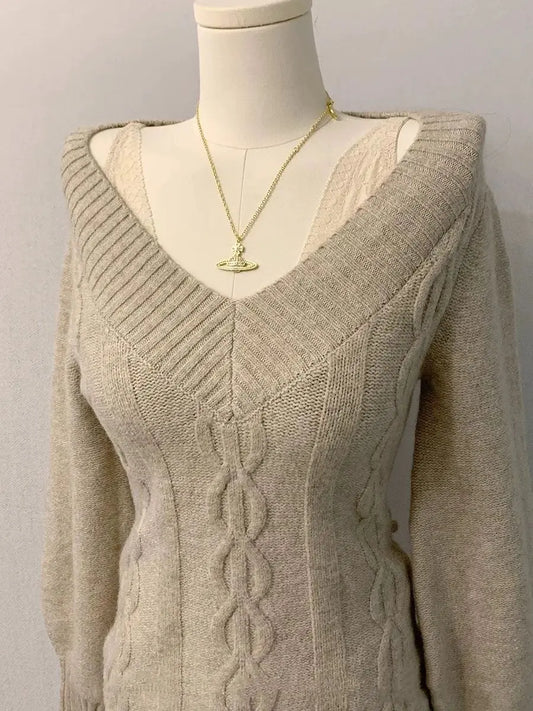 Chic Gothic Slim Sexy Strickpullover Soft Kint Pullover Langarm Skinny Tops Y2k Design Streetwear V-Ausschnitt Fairy Grunge