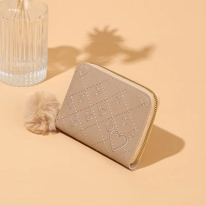 Women Fashion Zipper Wallet with Hairballs Simple Versatile Short Coin Purse Multi-Functional Multi-Card Slot Card Bag.