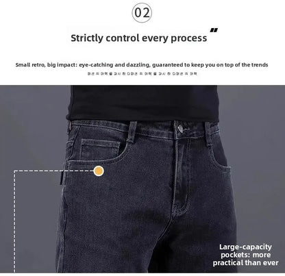 High-End Men's Fleece-Lined Thick Stretchy Straight Leg Jeans 2025 New Style Loose Fit Smoke Grey Trousers for Men.