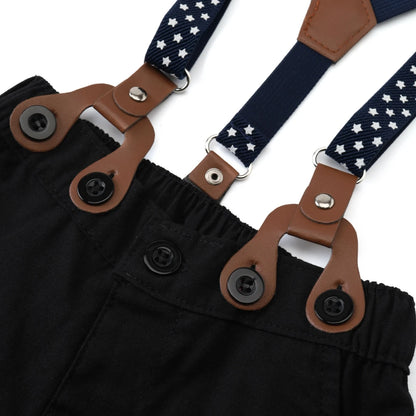 Black & White Classic Baby Boy Clothes Strap Set for Infant 1st Birthday Party Summer Short Sleeve Romper with Solid Shorts Suit.