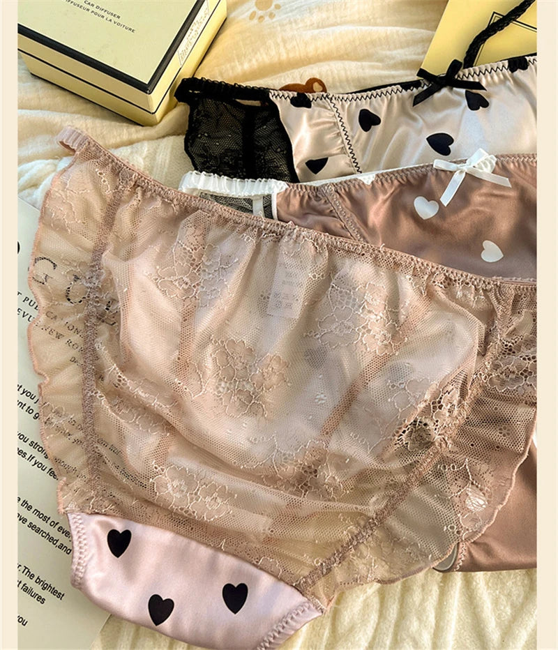 Sexy lingerie women Satin tangas lace ropa interior femenina sweet calzones para mujer plus size panties heart underwear women.