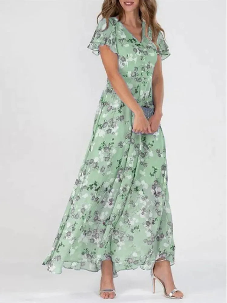 Frauen Elegante Blume Langes Kleid Casual Rüschen Kurzarm V-ausschnitt Spitze-up Party Kleider 2025, Boho Stil Hohe taille Kleid Weibliche.