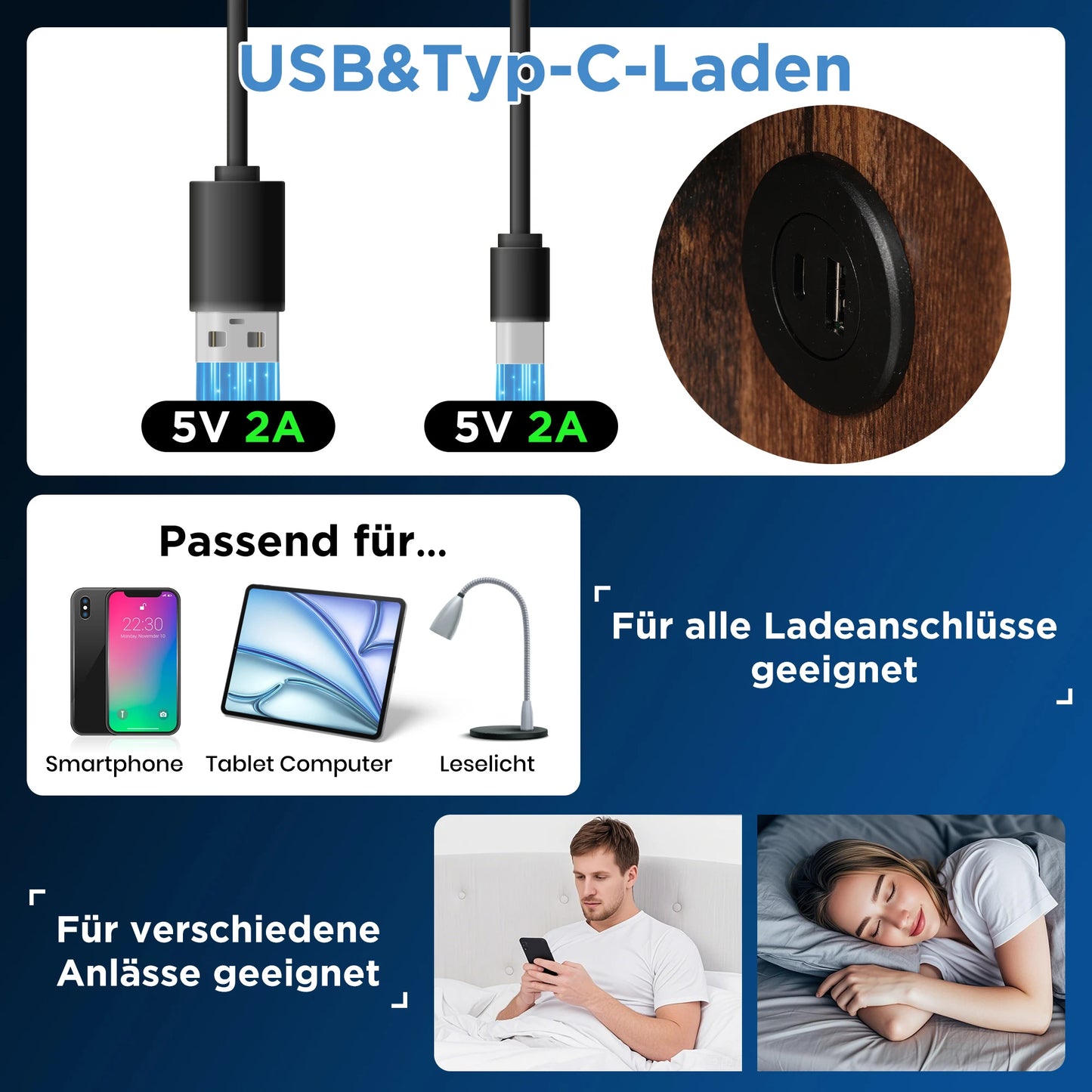 KOMHTOM Doppelbett Polsterbett Grau Baumwolle - Kabelloses Laden USB C, Bettgestell mit Stauraum, Holz-Lattenrost, ohne Matratze