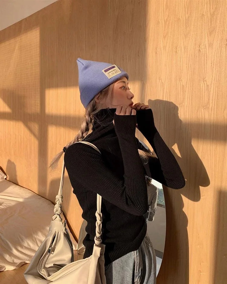 Neue Herbst Winter Grundlegende Gestrickte Tops Frauen Rollkragen Pullover Casual Pullover Koreanische Mode Einfache Mit Daumen Löcher Chic Kleidung