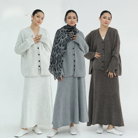 Winter Knitted Wool Cotton 3 Piece Abaya Set + Hijab Daily Thick Warm Modest Muslim Women Islamic Wholesale Suit Abaya.