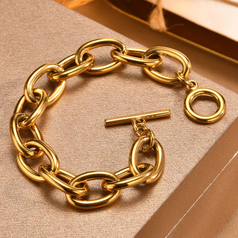 Chunky Bold Toggle Bracelets for Women, Stainless Steel OT Buckle Link Chain Bracelet Gold Plated Tarnish Free.
